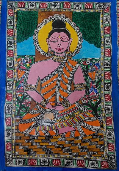 Mithila painting of a meditating Buddha figure