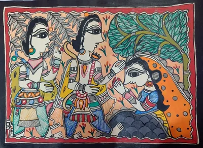 Mithila (Madhubani) painting showing Ahalya with Lord Ram and Lakshman.यो चित्रमा अहिल्या लाई राम र लक्ष्मणसँग देखाइएको छ।