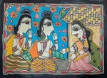 Mithila painting showing Shabari offering fruits to Lord Rama and Lakshmana. thumb 2